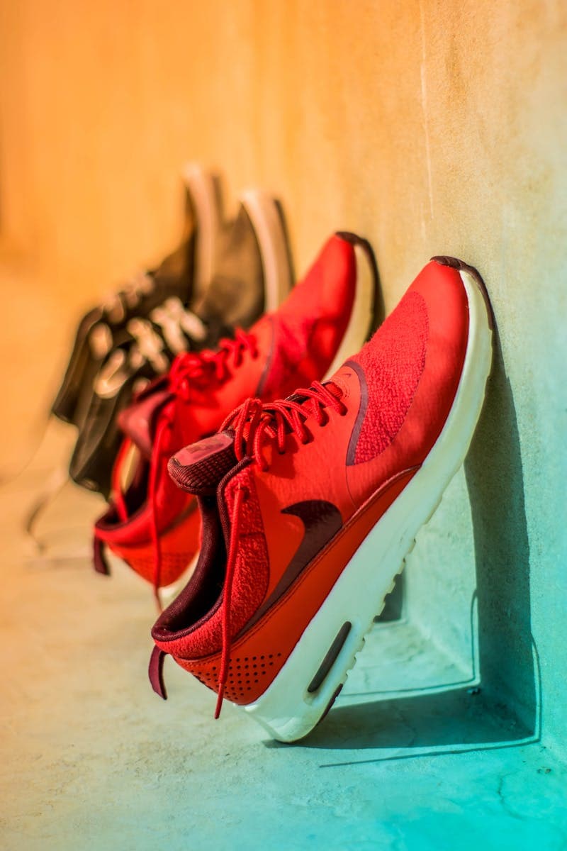Running shoes on pavement
